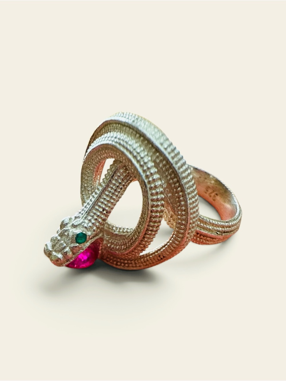 Sterling Silver Snake Ring with Pink and Green Stones